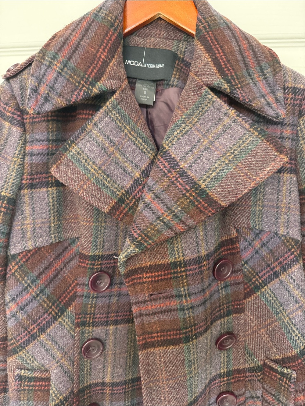 Moda International Wool Plaid Double-Breasted Peacoat in Plum/Brown - Picture 3 of 9